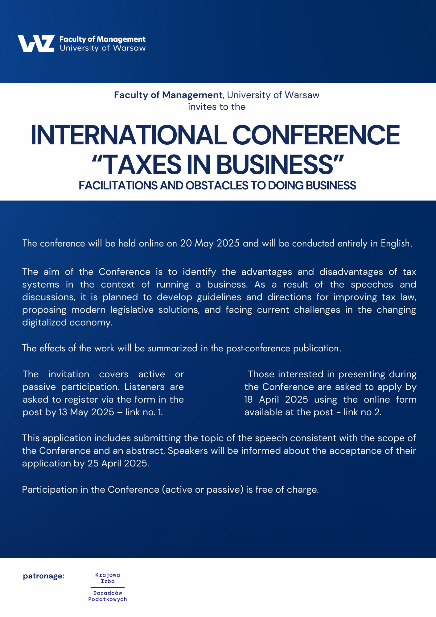 Faculty of Management, University of Warsaw invites to the International Conference “Taxes in Business”. Facilitations and obstacles to doing business