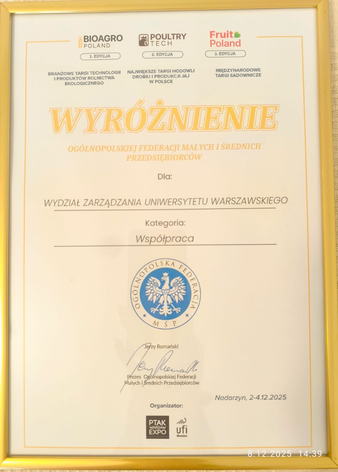 Wydział Zarządzania UW z dwoma prestiżowymi wyróżnieniami na targach BIOAGRO Polska, PoultryTech i Fruit Poland