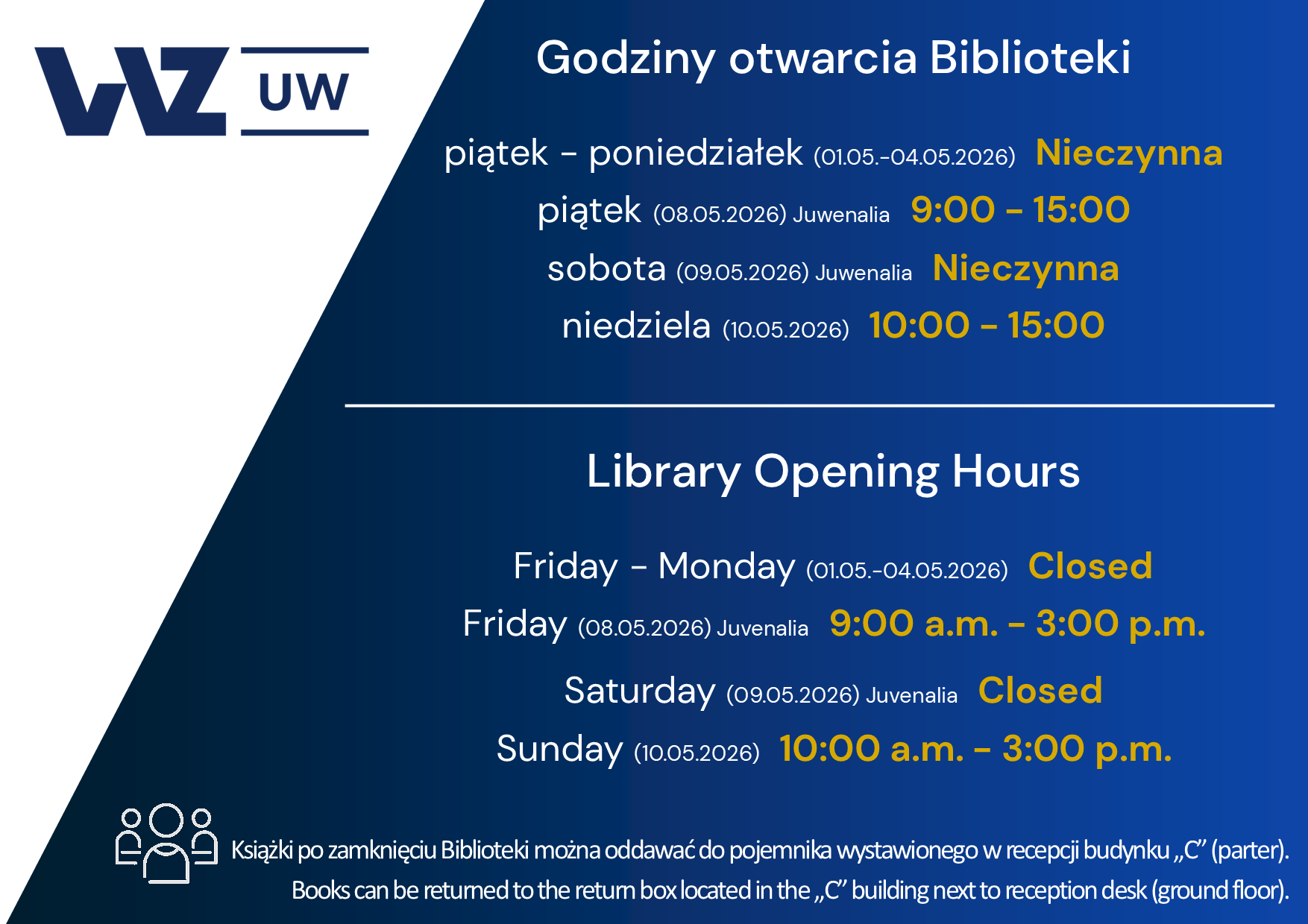 Godziny otwarcia biblioteki WZ UW w majówkę