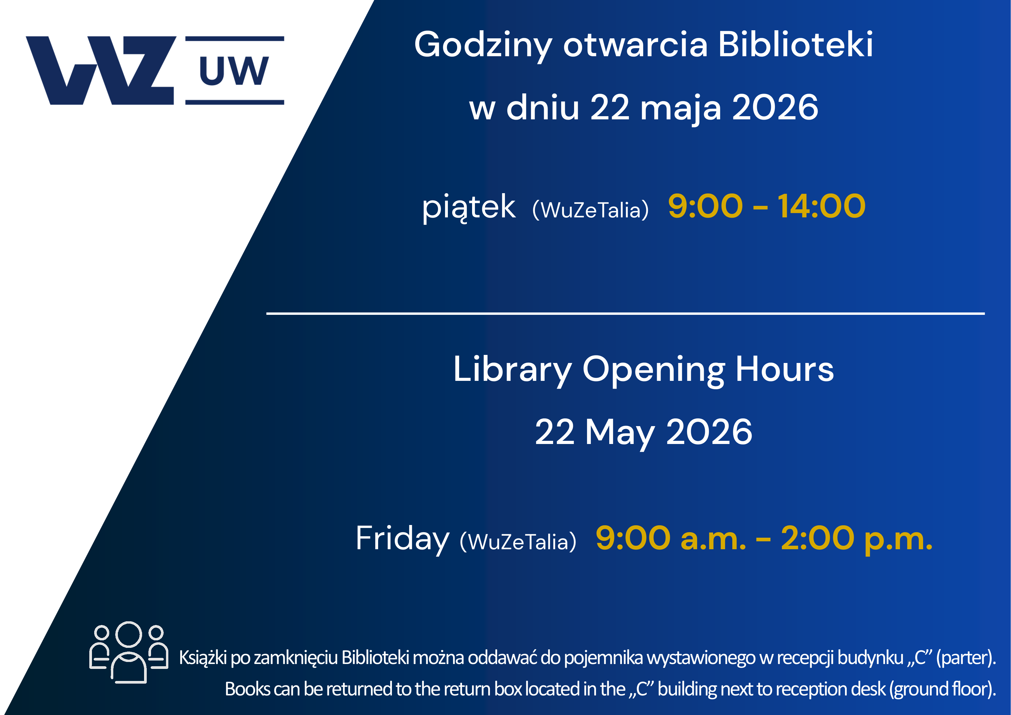 Godziny otwarcia biblioteki 22 maja / WuZetalia